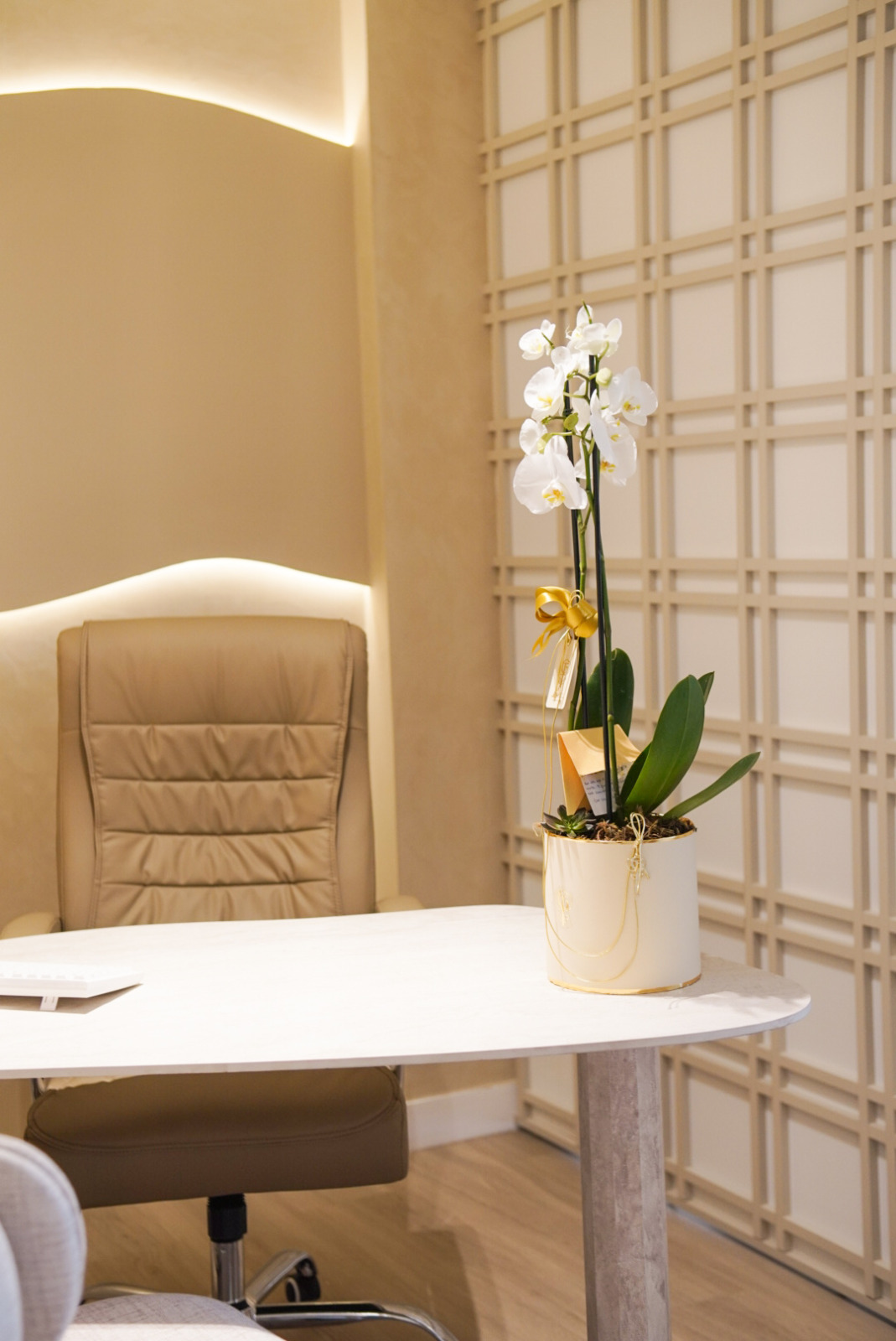 Consultório com mesa clara, cadeira e orquídea branca, ao lado de um painel decorativo.